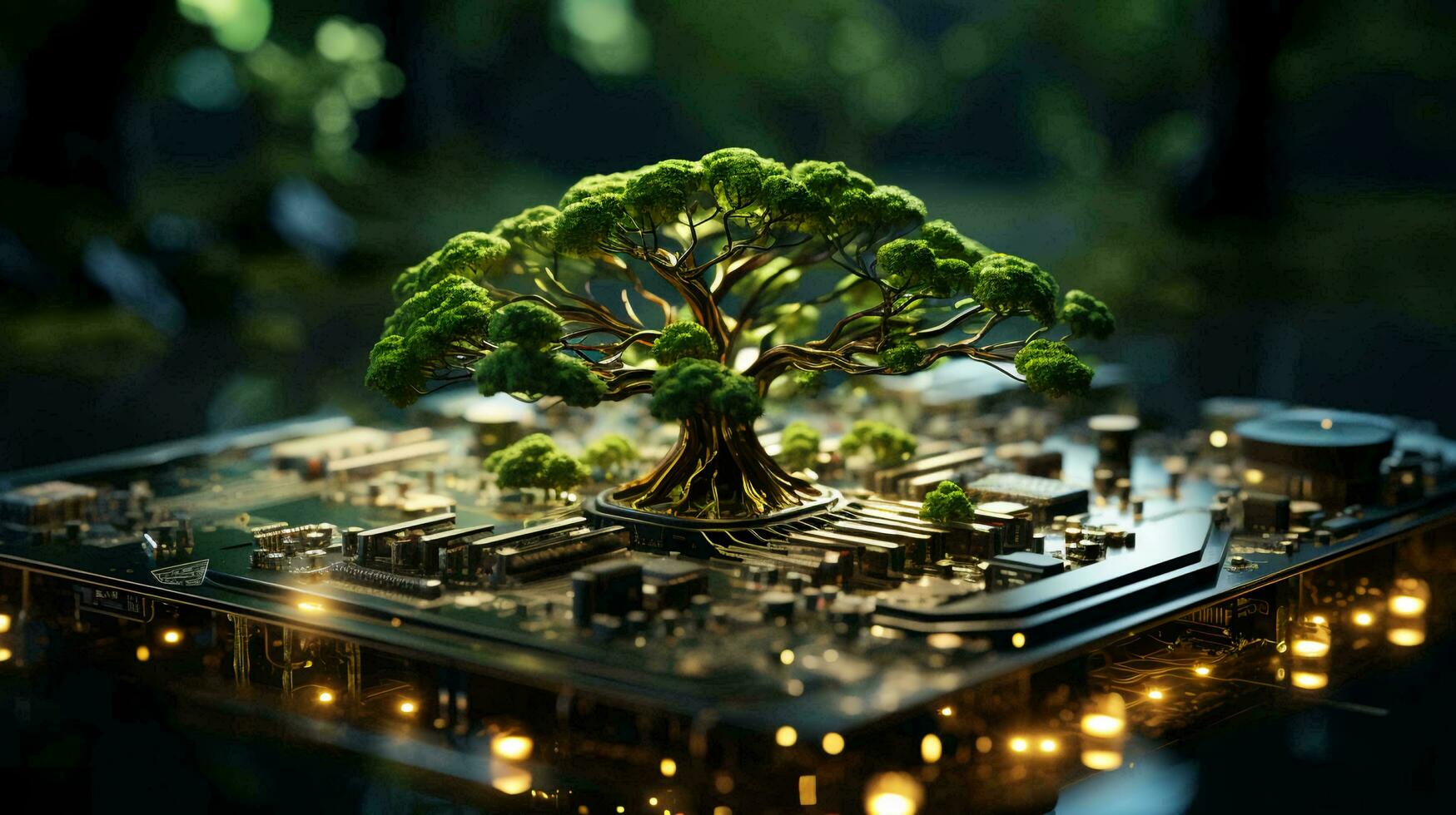 grön naturlig miljövänlig träd och dator teknologi på ett abstrakt avancerad trogen bakgrund av mikrochips och dator krets styrelser med transistorer foto