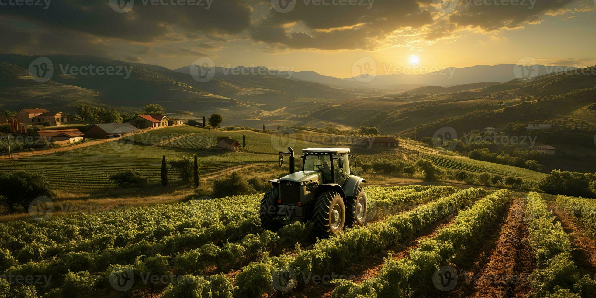 ai genererad. ai generativ. traktor kombinera maskin på fält äng skörda jordbruk landsbygden natur utomhus. grafisk konst foto