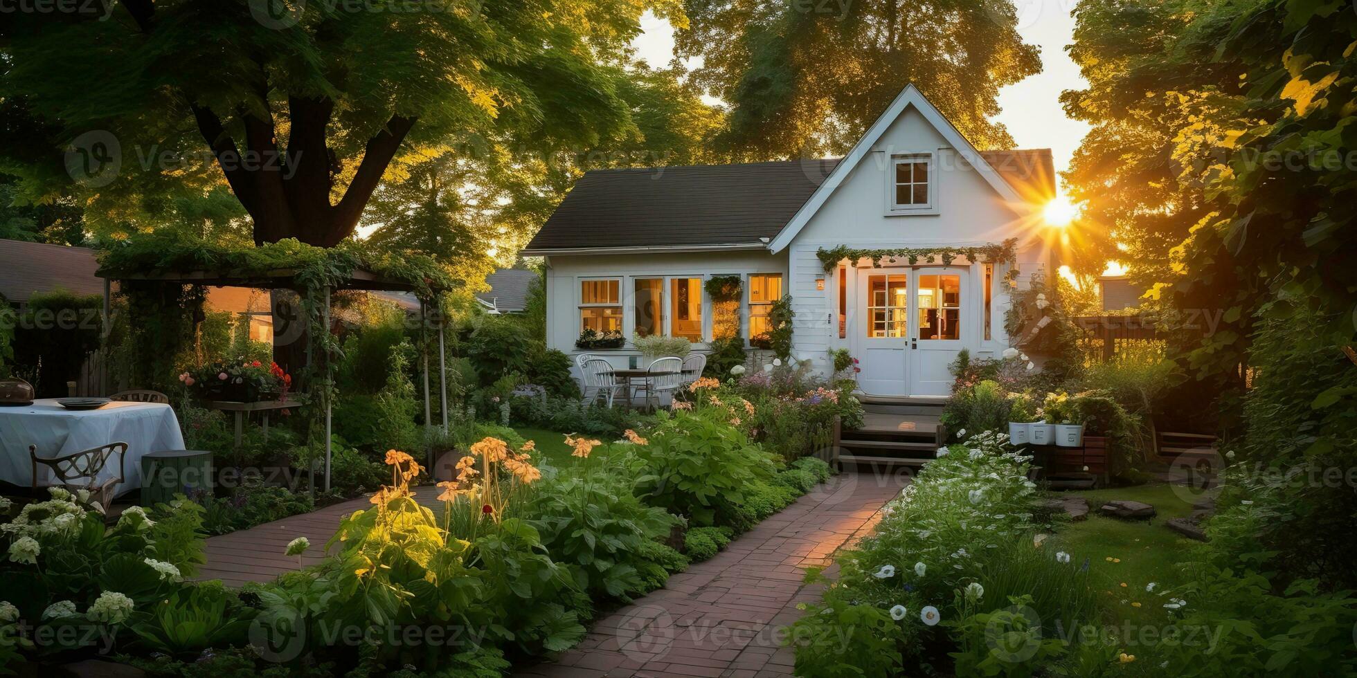 ai genererad. ai generativ. natur utomhus- exteriör hus trädgård med mysigt tabell med många växter blommor. grafisk konst foto