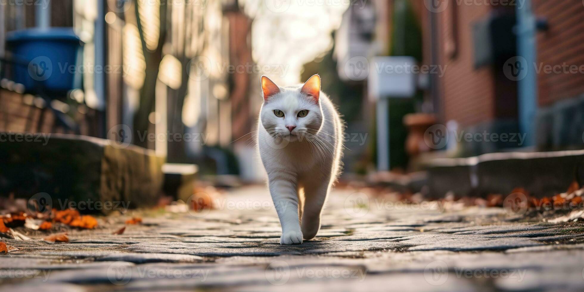 ai genererad. ai generativ. ett ensam katt sällskapsdjur gående gata stad urban bakgrund. grafisk konst foto