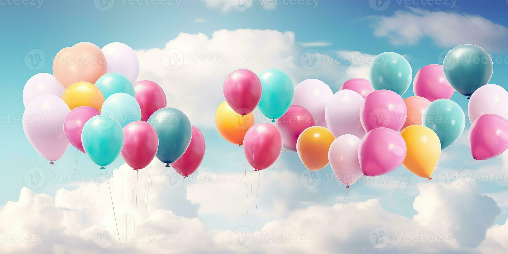 ai genererad. ai generativ. många helium ballonger bollar i de blå himmel flygande bakgrund. grafisk konst foto