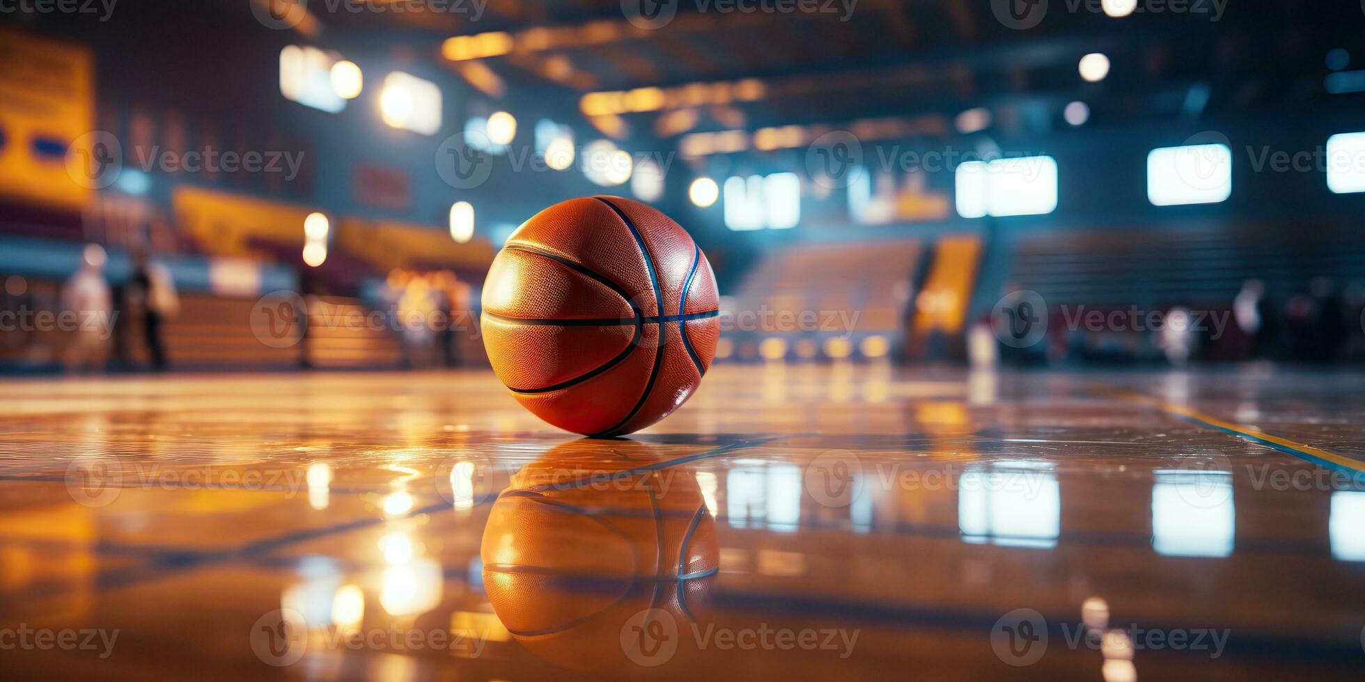 ai genererad. ai generativ. basketboll spel sport arena stadion domstol på strålkastare med korg boll på golv. grafisk konst foto