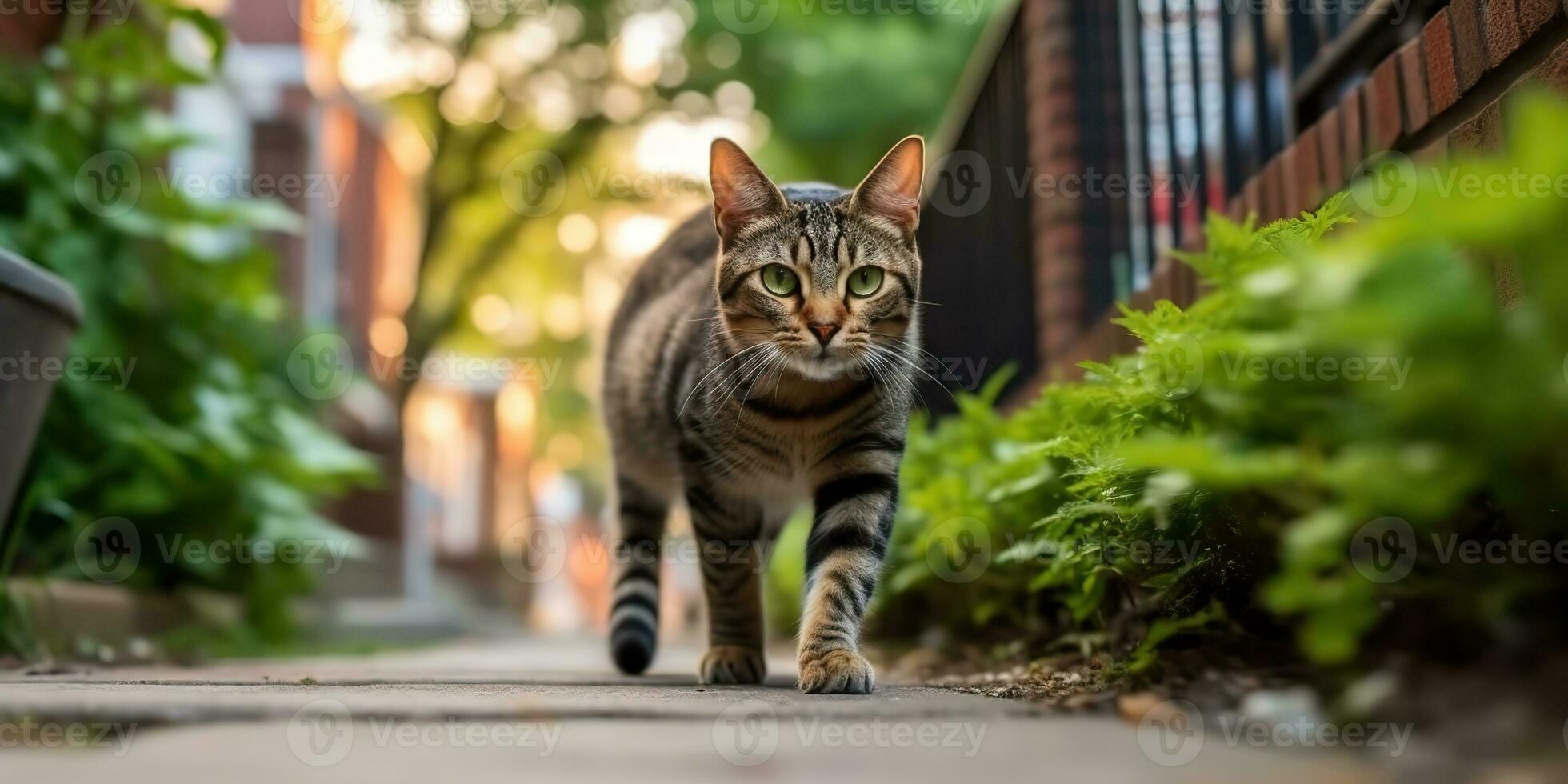 ai genererad. ai generativ. ett ensam katt sällskapsdjur gående gata stad urban bakgrund. grafisk konst foto