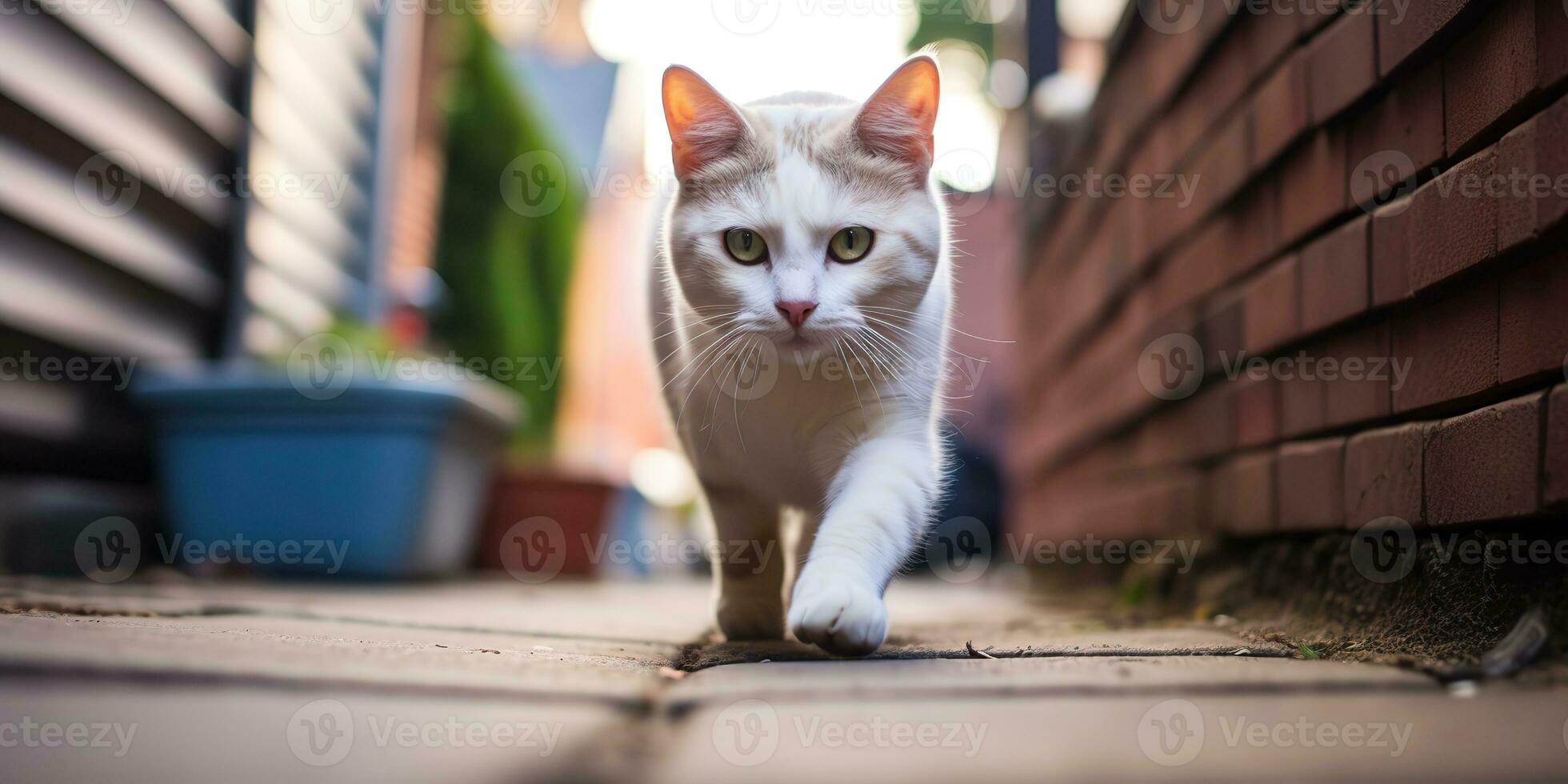 ai genererad. ai generativ. ett ensam katt sällskapsdjur gående gata stad urban bakgrund. grafisk konst foto