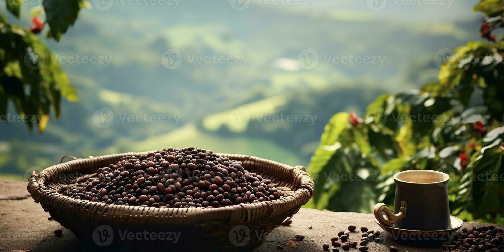 ai genererad. ai generativ. kaffe bönor plantage natur utomhus- landskap. grafisk konst foto