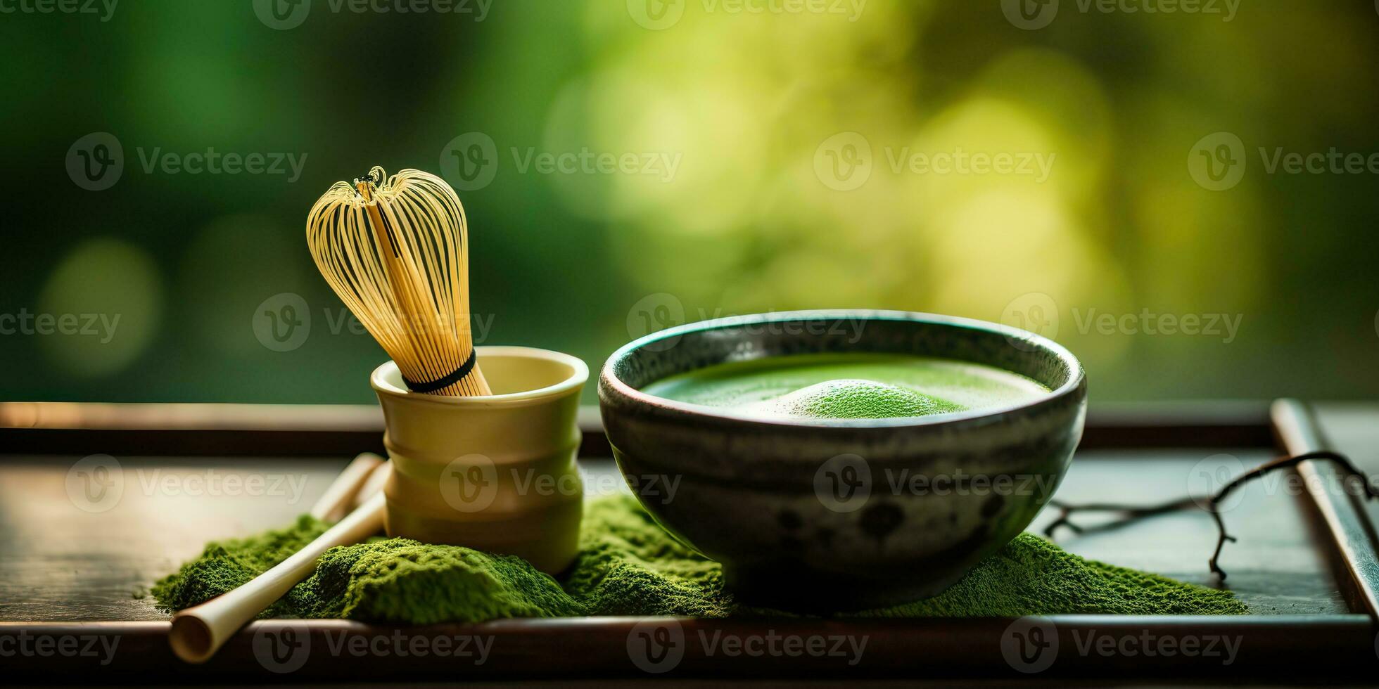 ai genererad. ai generativ. traditionell japansk asiatisk matcha te ceremoni. skål, trä- torr organisk sked pulver. grafisk konst foto