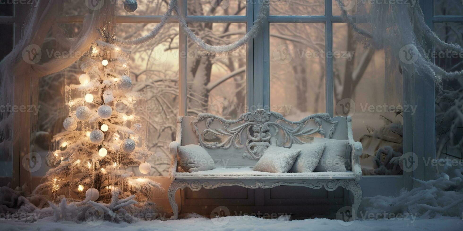 ai genererad. ai generativ. ny år xmas glad jul utomhus- Hem hus dekoration fönster främre fira snö vinter- december säsong. grafisk konst foto