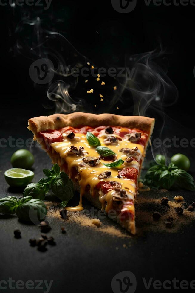 skiva av pizza med ost, salami, tomater, peppar, kryddor och färsk basilika på mörk bakgrund. kommersiell PR mat Foto ai generativ