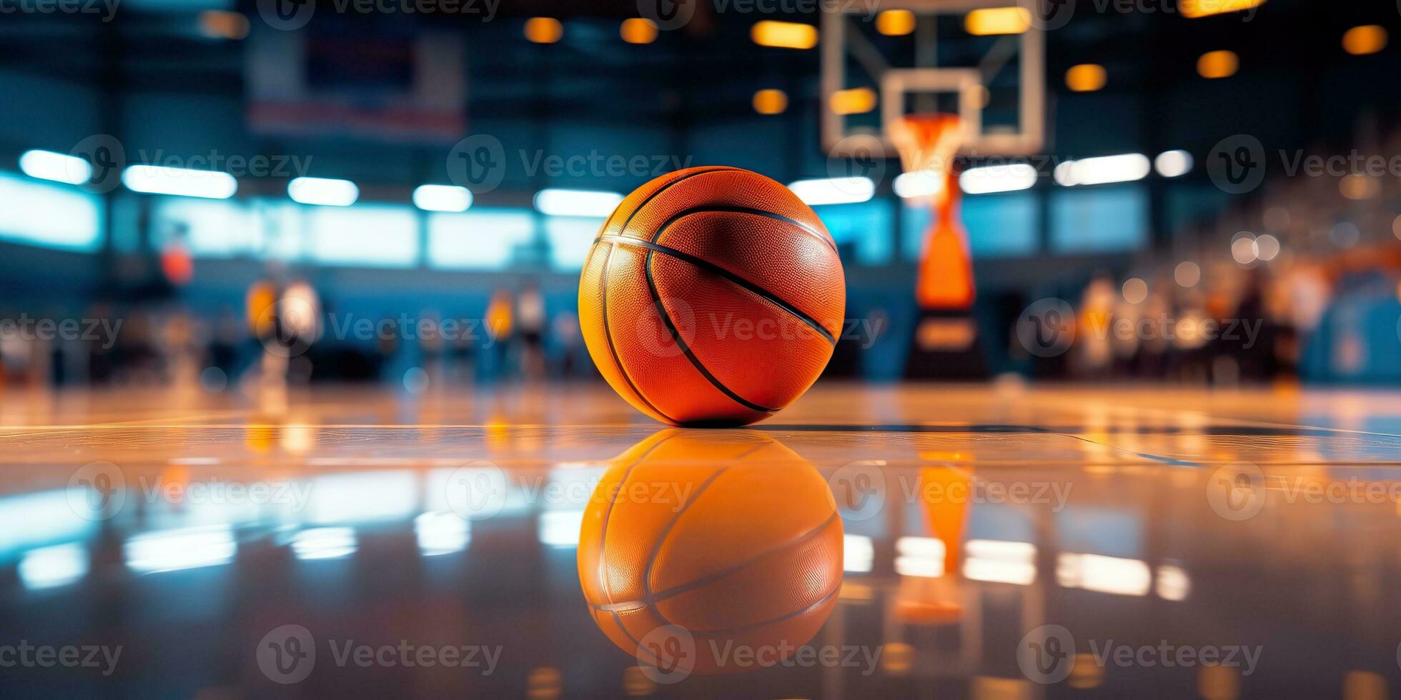 ai genererad. ai generativ. basketboll spel sport arena stadion domstol på strålkastare med korg boll på golv. grafisk konst foto