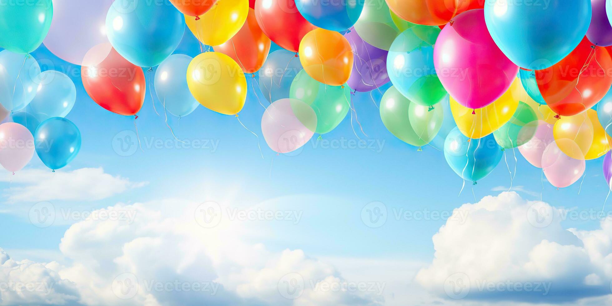 ai genererad. ai generativ. många helium ballonger bollar i de blå himmel flygande bakgrund. grafisk konst foto