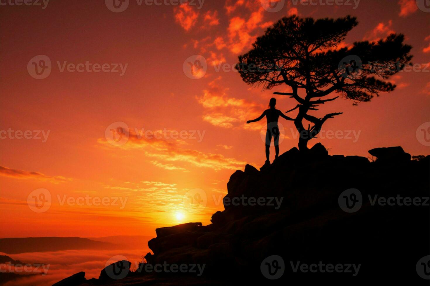 mannens silhuett mot en träd fodrad klippa på de gyllene solnedgång ai genererad foto