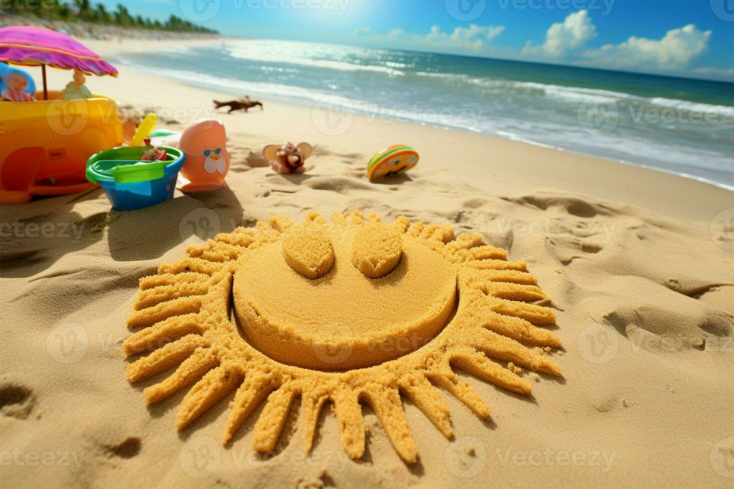 childs konstverk skildrar en leende Sol på en mexikansk strand ai genererad foto