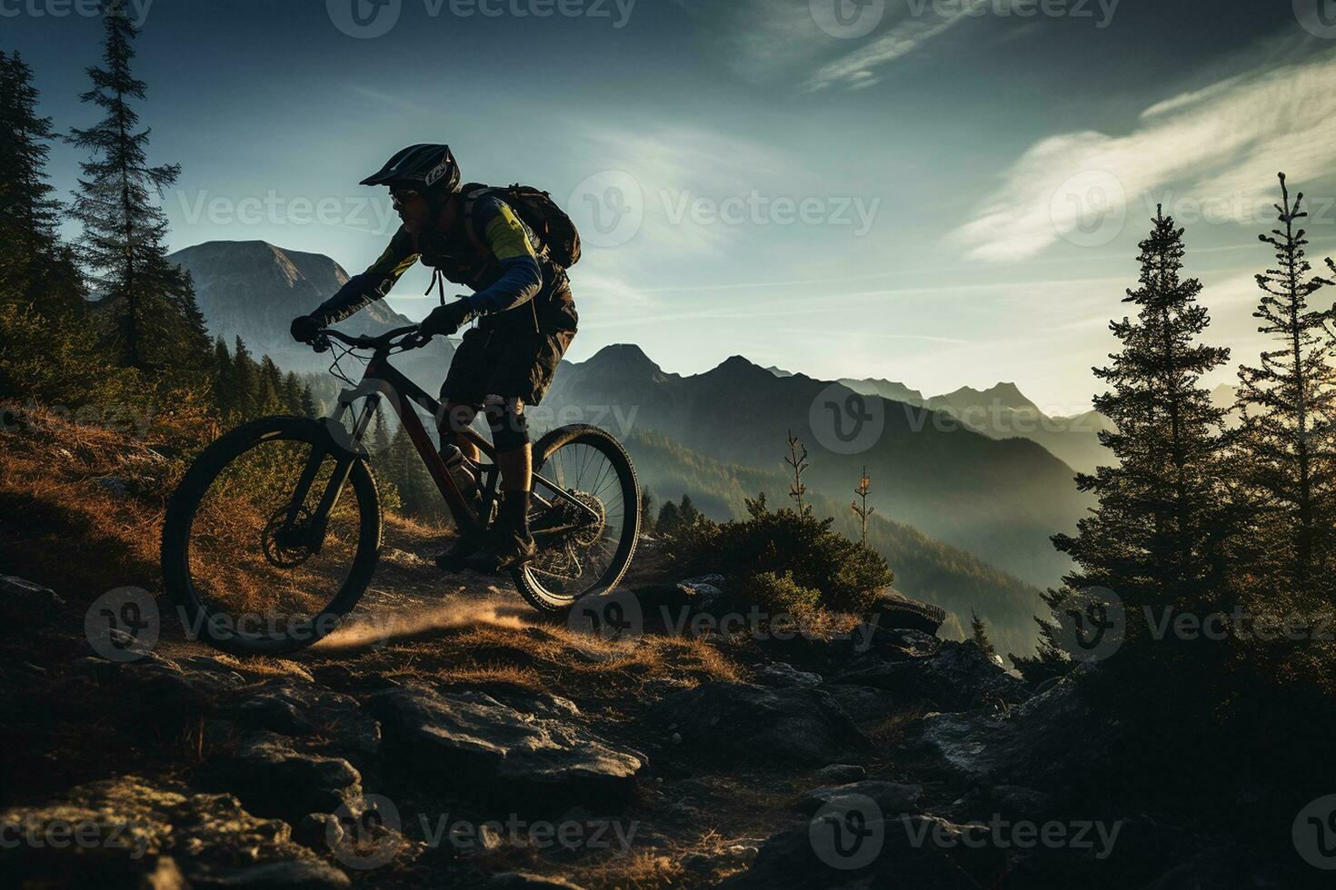 sommar berg cykling med en idrottskvinna. generativ förbi ai foto