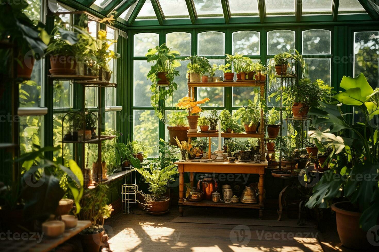 en glimt inuti en växthus myllrande med grönska. generativ förbi ai foto