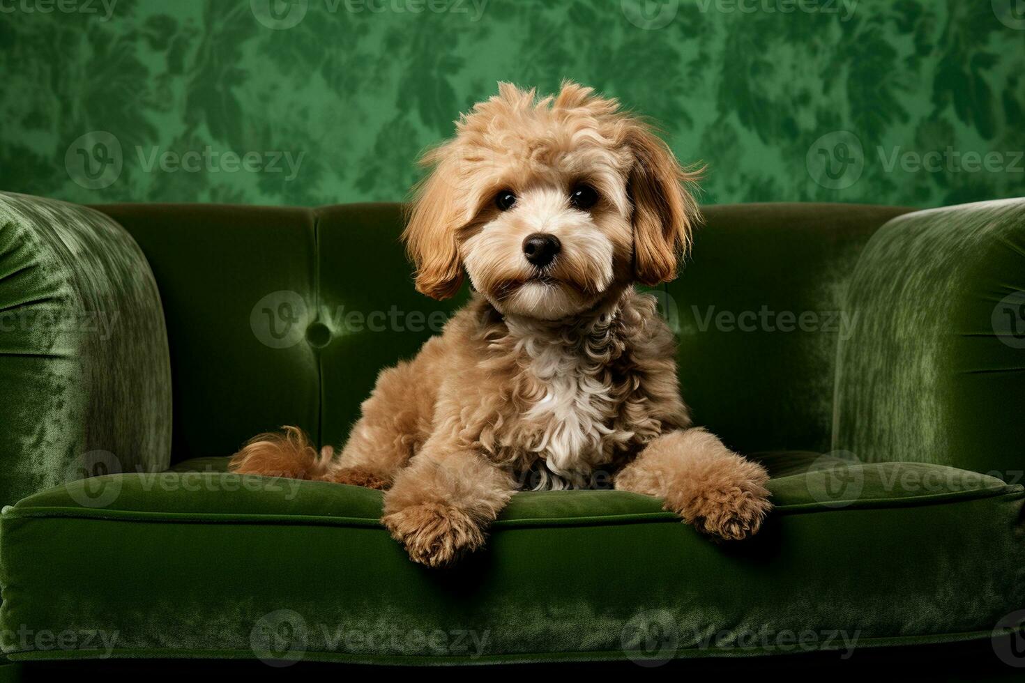 maltipoo's eleganta stöta på med en årgång läder stol. generativ förbi ai foto