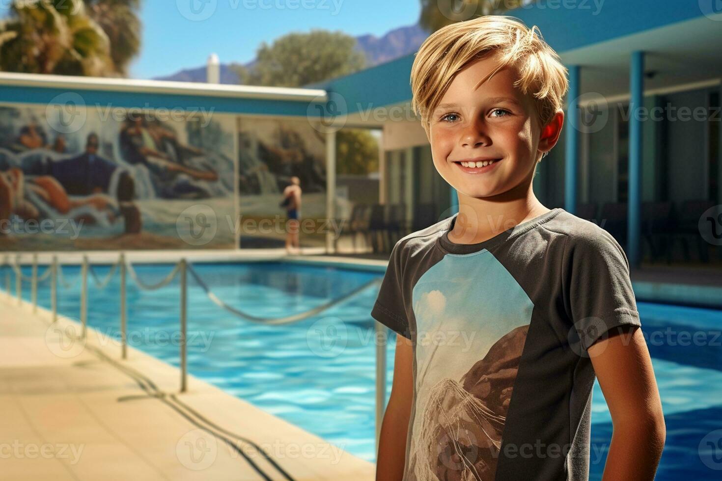 porträtt av en leende pojke stående förbi de simning slå samman, njuter sommartid roligt. generativ förbi ai foto