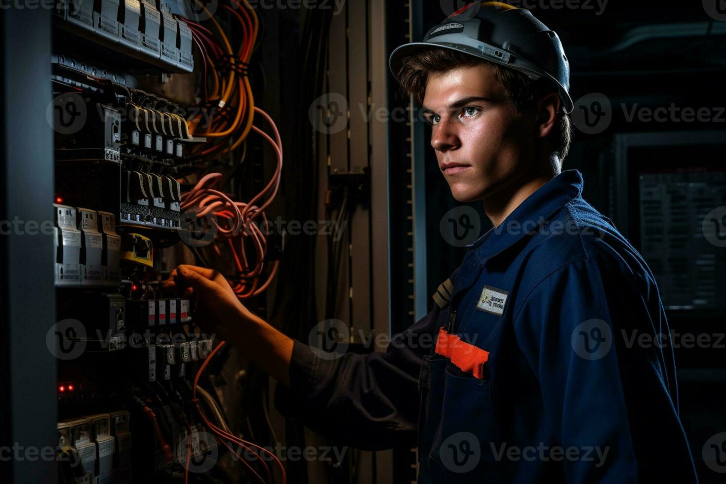 porträtt av en ung manlig tekniker i elektrisk arbete. generativ förbi ai foto