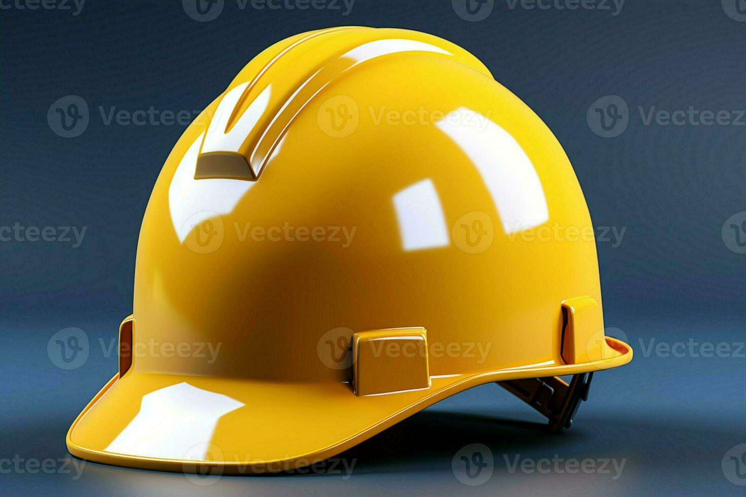levande gul hård hatt isolerat på blå, presenteras i realistisk 3d tolkning ai genererad foto