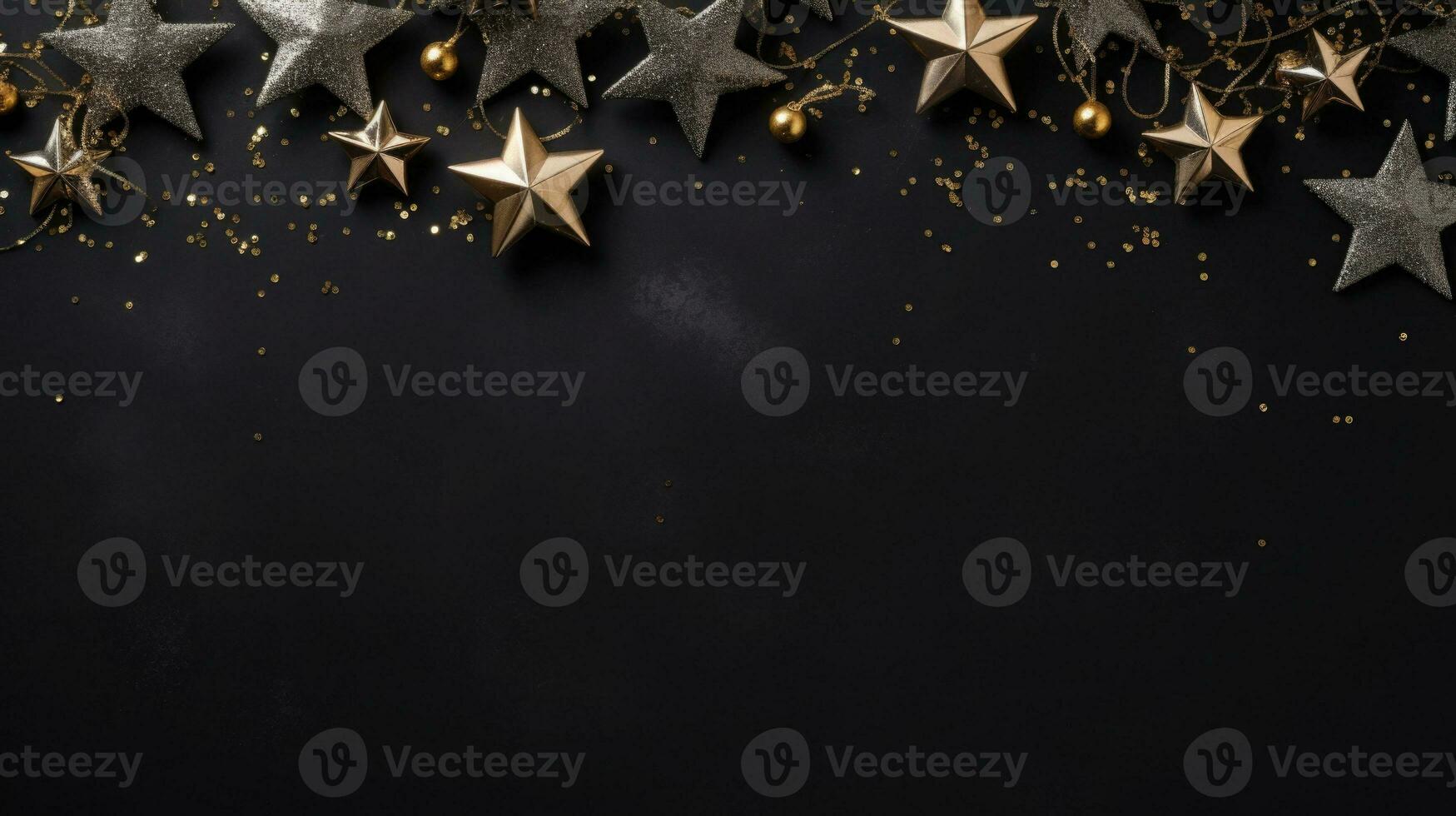 jul dekorationer i svart. stjärnor och lampor på en svart bakgrund. ai genererad foto