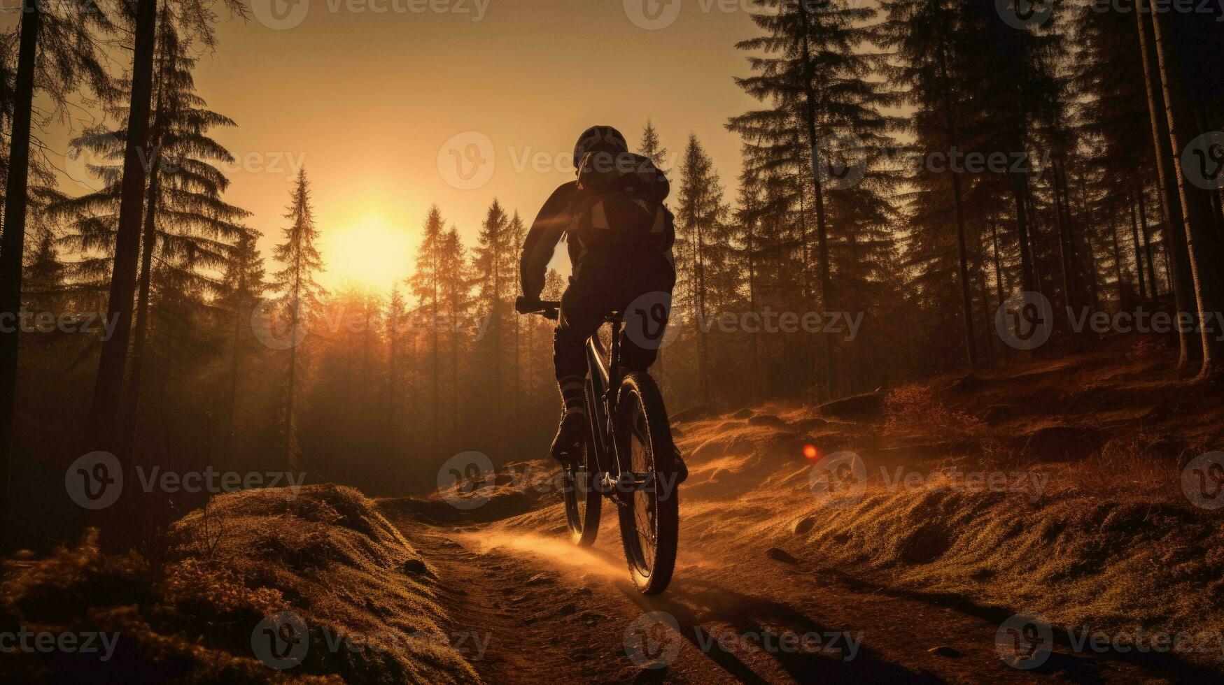 berg cyklist på skog spår i de solnedgång. generativ ai foto
