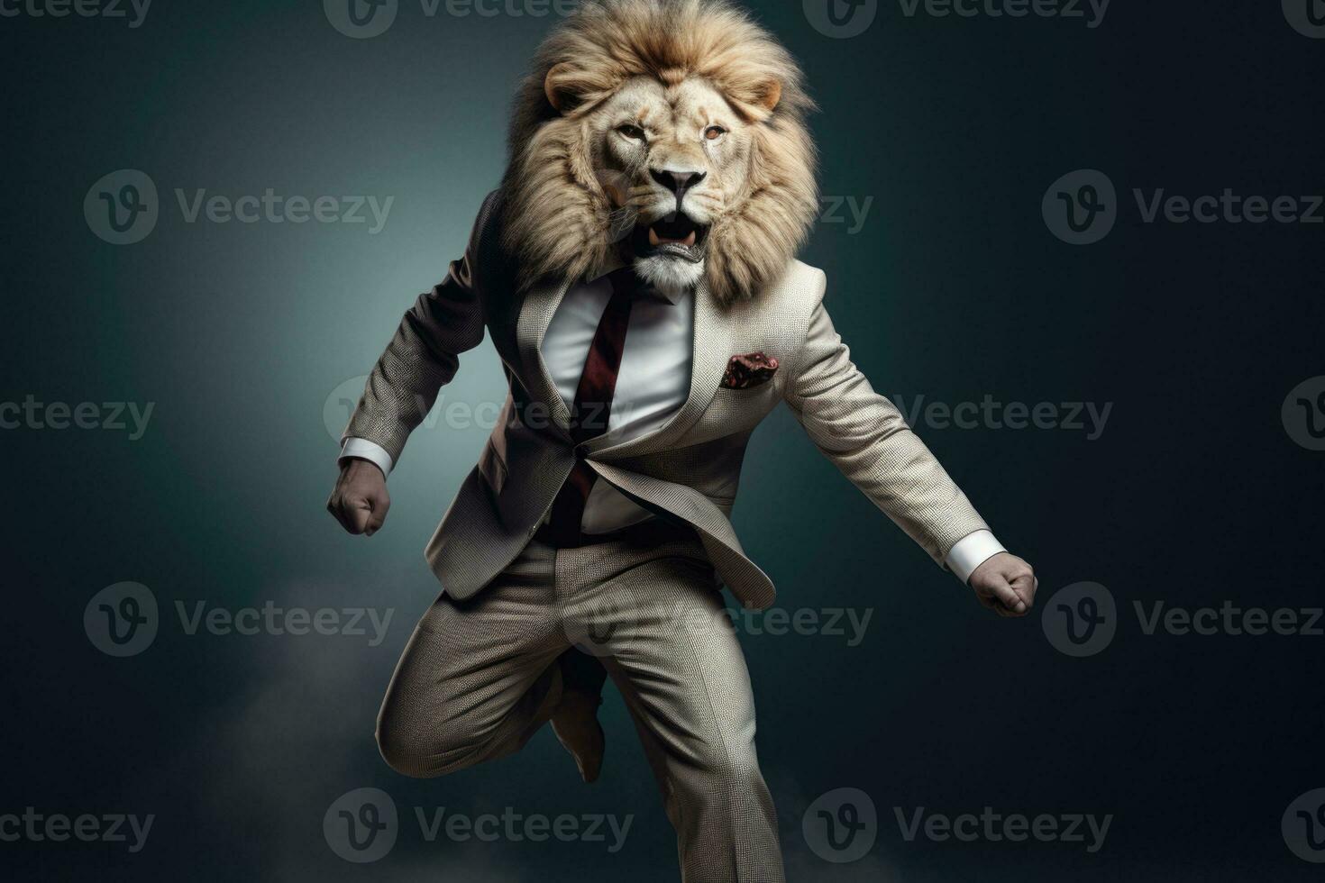 antropomorf lejon klädd i ett elegant kostym tycka om en affärsman. ai genererad foto