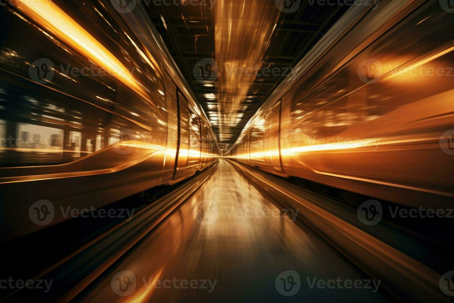 hög hastighet tåg i rörelse på järnväg station på solnedgång. generativ ai foto