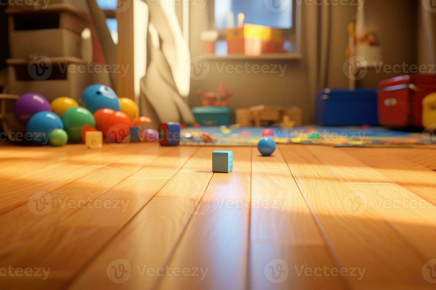 barns rum interiör med leksaker på de trä- golv. lekrum med plast färgrik leksaker. generativ ai foto