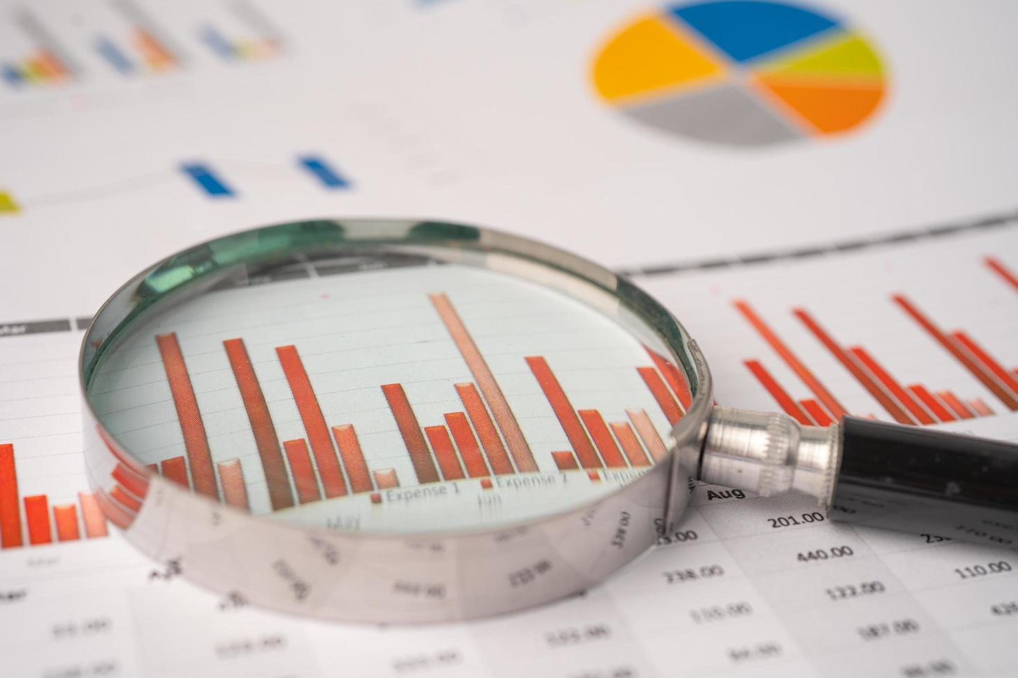 förstoringsglas på diagram diagrampapper. finansiell utveckling, bankkonto, statistik, investeringsanalys, forskningsdataekonomi, börshandel, affärskontorsföretagskoncept. foto