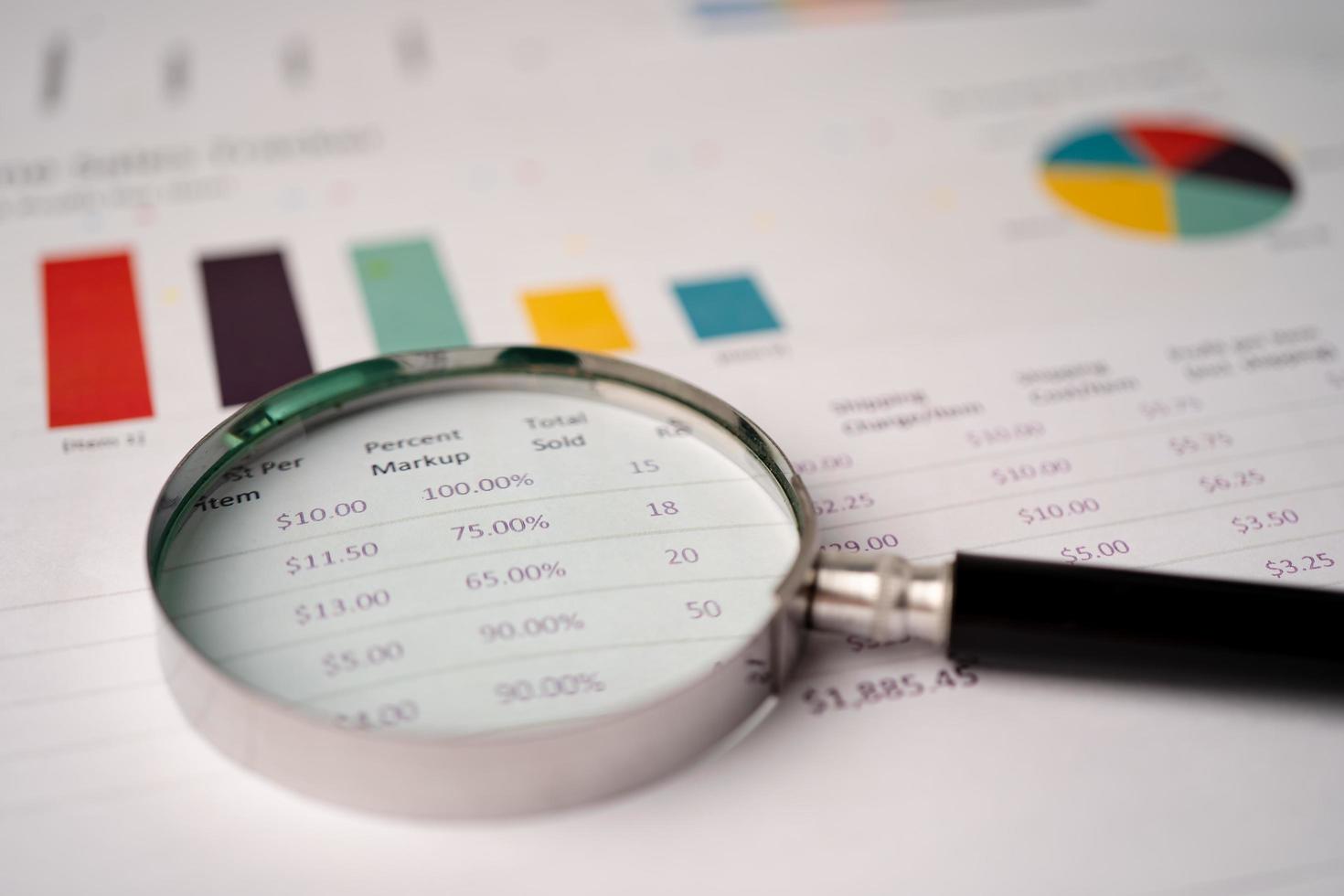 förstoringsglas på diagram diagrampapper. finansiell utveckling, bankkonto, statistik, investeringsanalys, forskningsdataekonomi, börshandel, affärskontorsföretagskoncept. foto