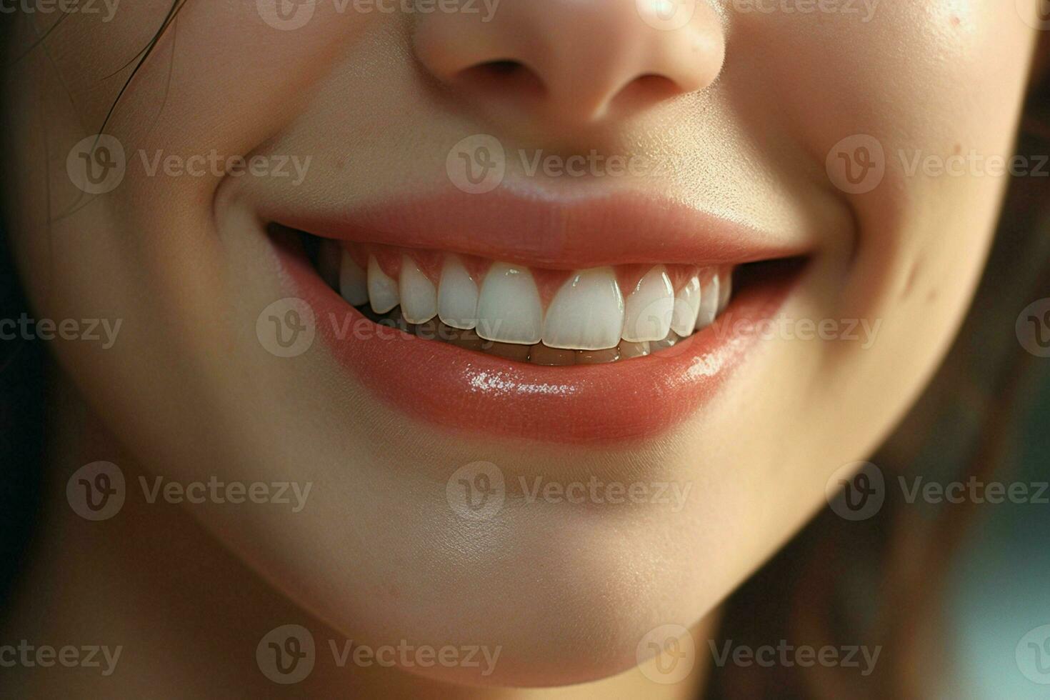 ung kvinna med skön friska leende, närbild. dental vård. ai genererad proffs Foto