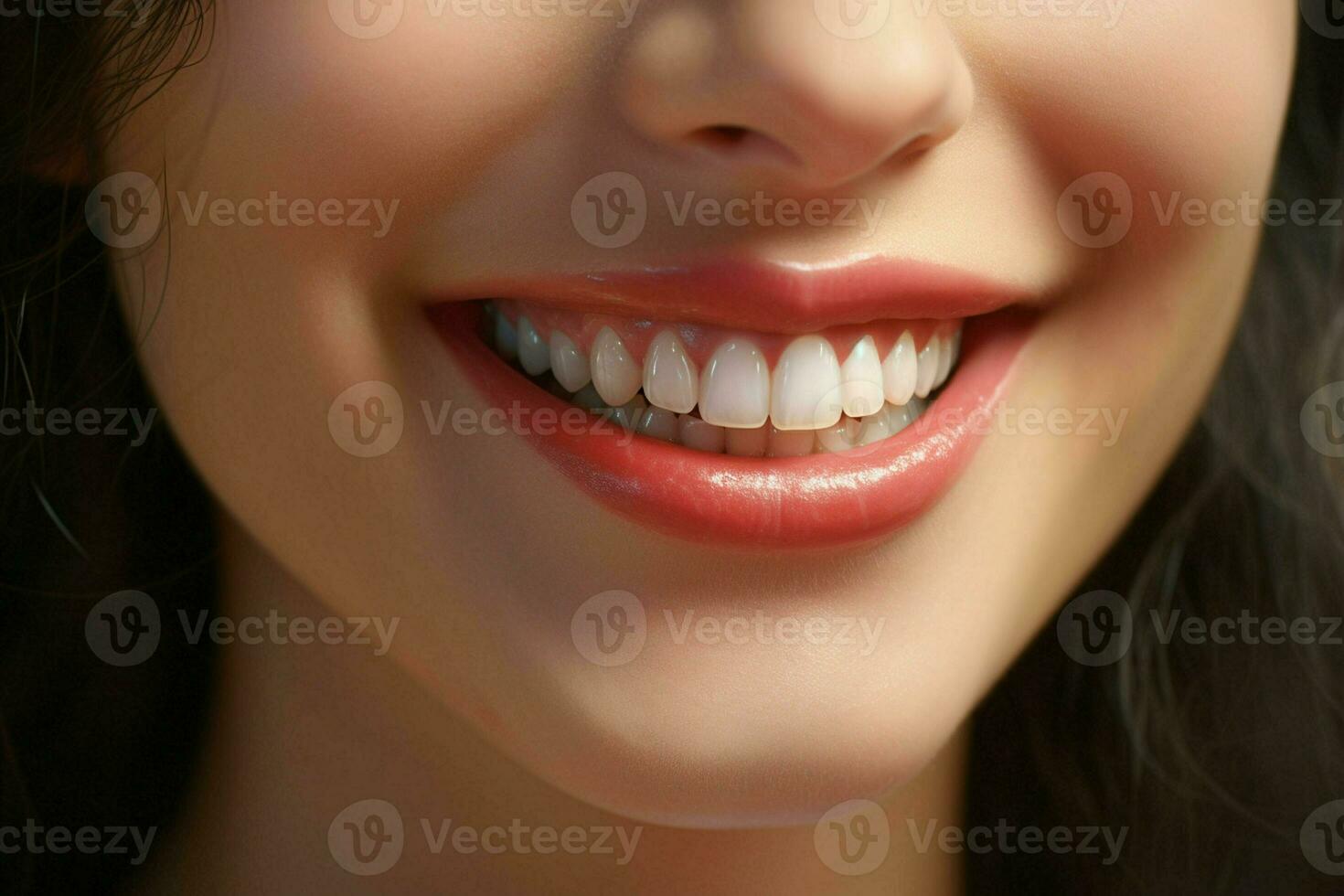 ung kvinna med skön friska leende, närbild. dental vård. ai genererad proffs Foto