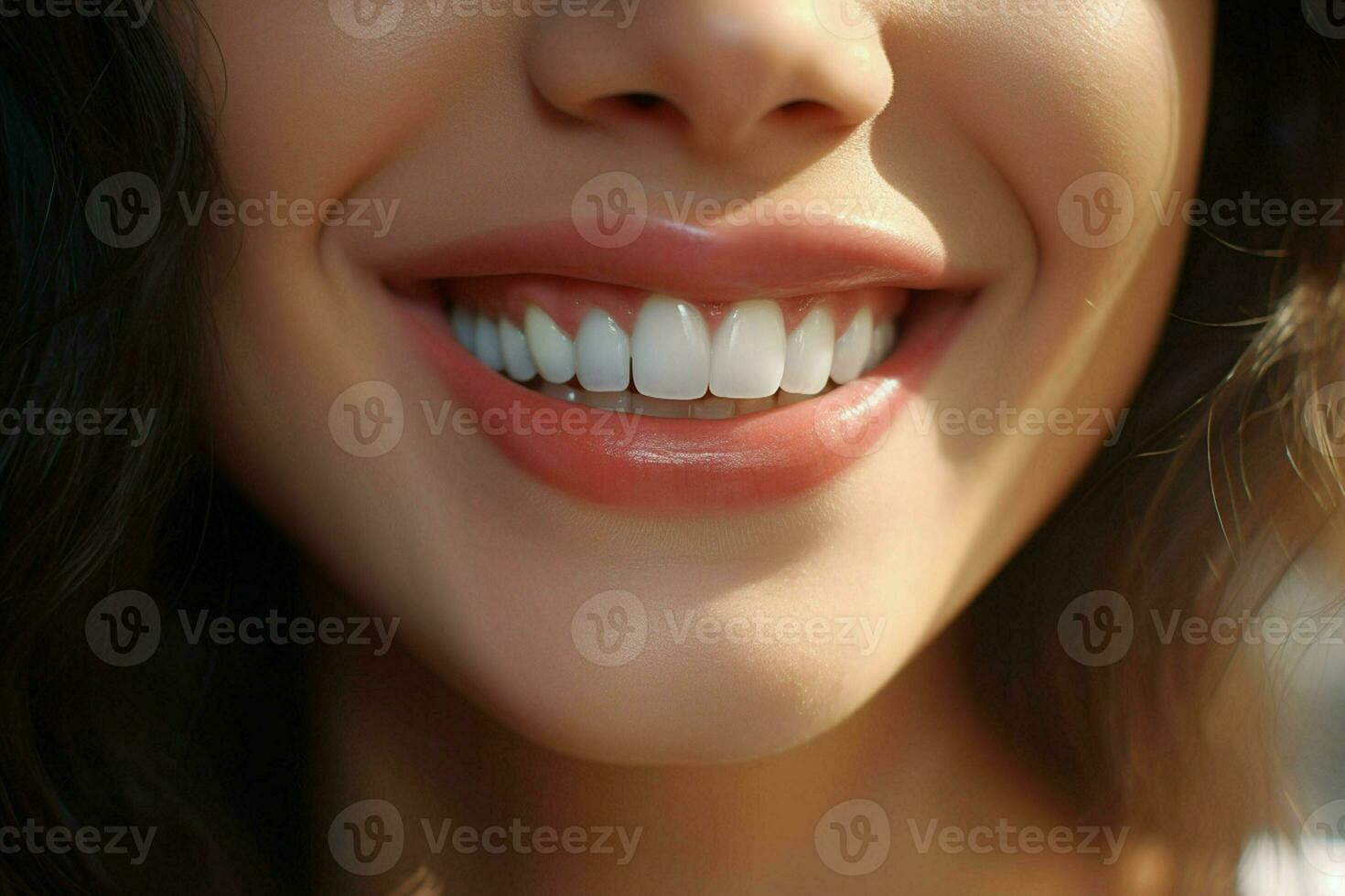 ung kvinna med skön friska leende, närbild. dental vård. ai genererad proffs Foto