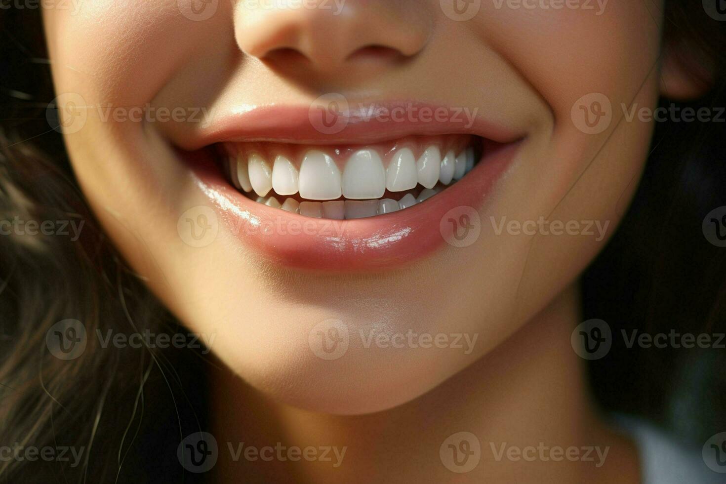 ung kvinna med skön friska leende, närbild. dental vård. ai genererad proffs Foto