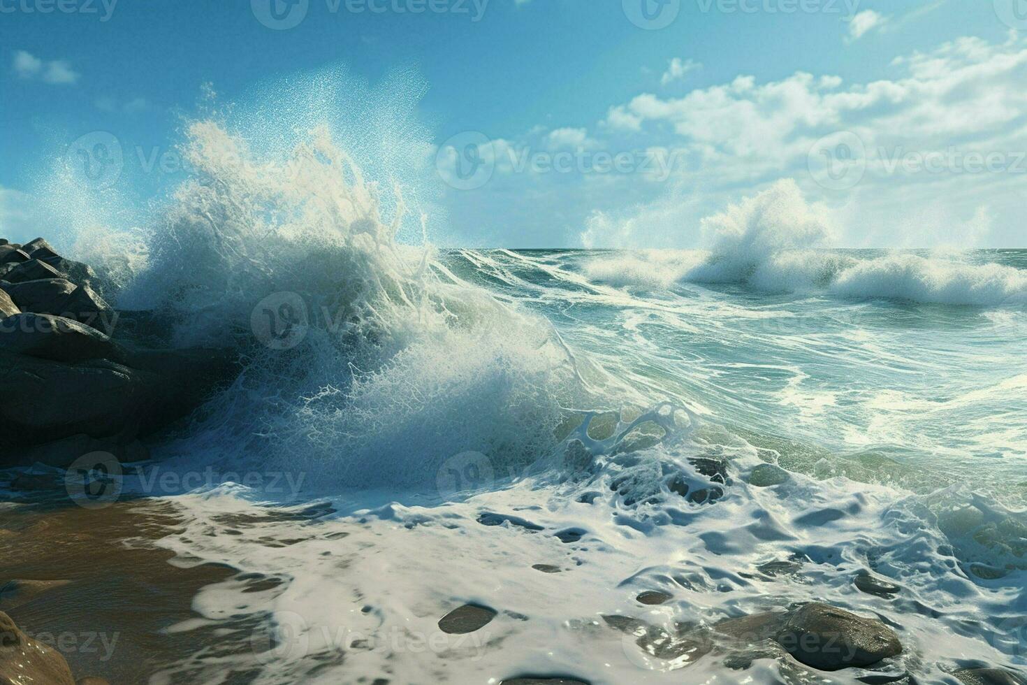 skön marinmålning med vågor i de hav på solnedgång. ai genererad proffs Foto