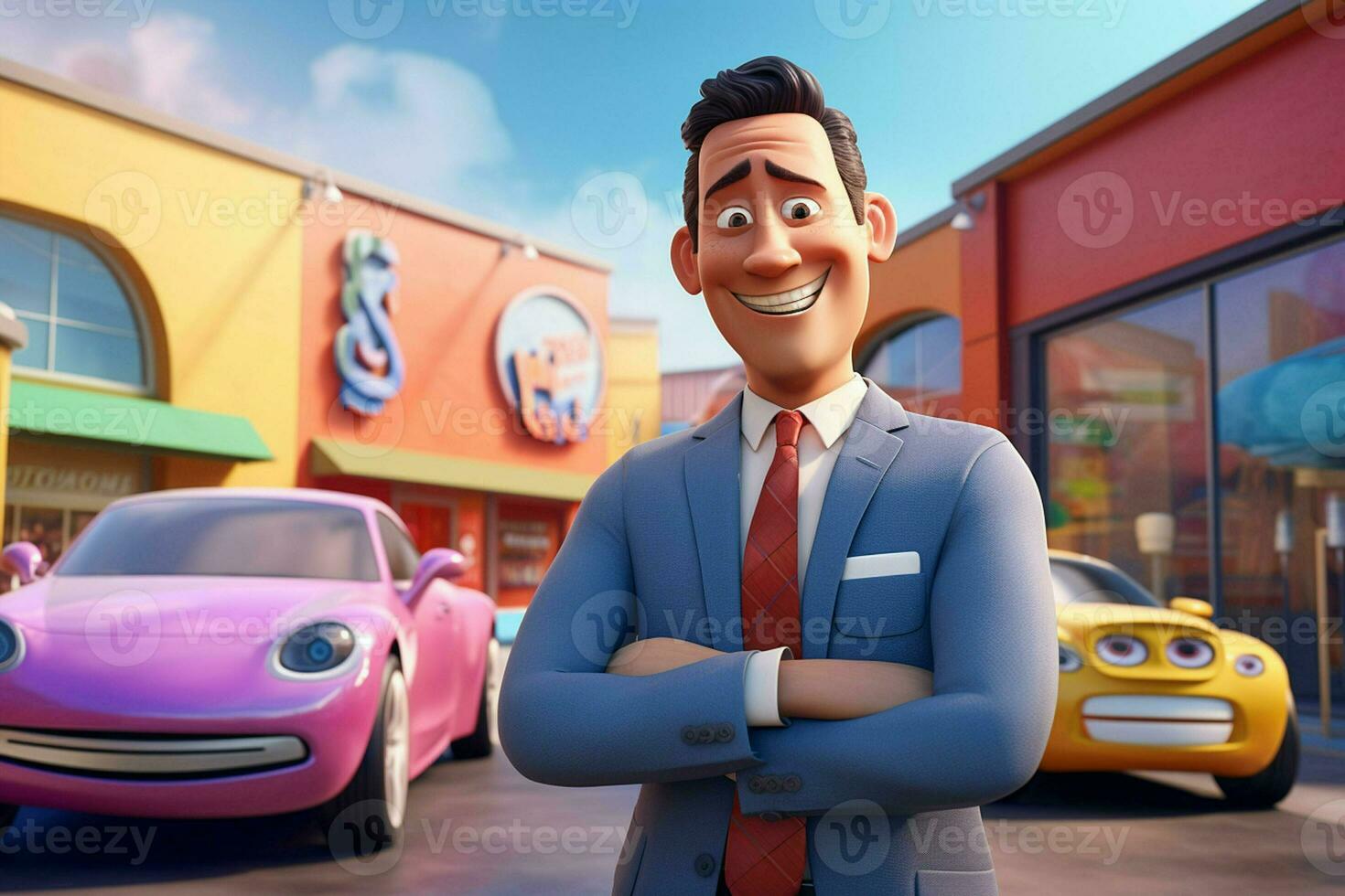 3d illustration av en tecknad serie affärsman stående i främre av en bil parkera. ai genererad proffs Foto