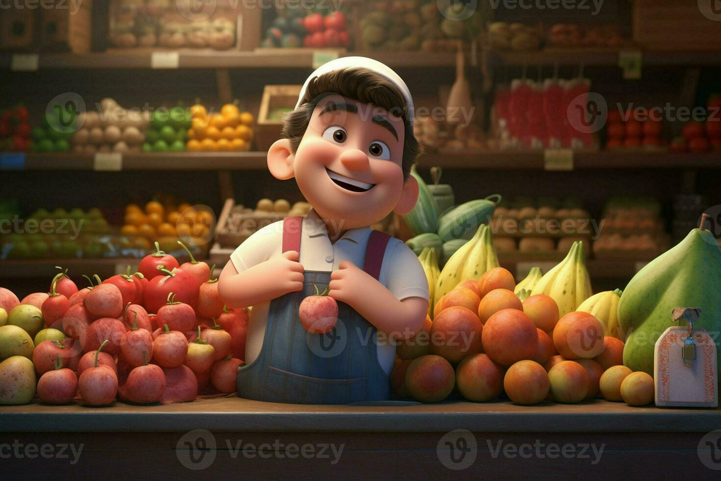 en tecknad serie karaktär i en matvaror Lagra försäljning frukt. ai genererad proffs Foto