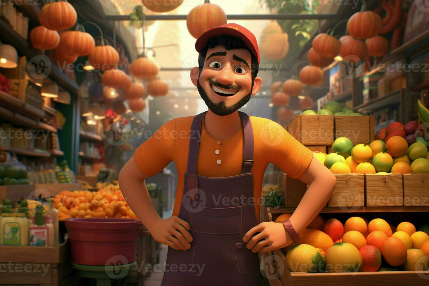 en tecknad serie karaktär i en matvaror Lagra försäljning frukt. ai genererad proffs Foto