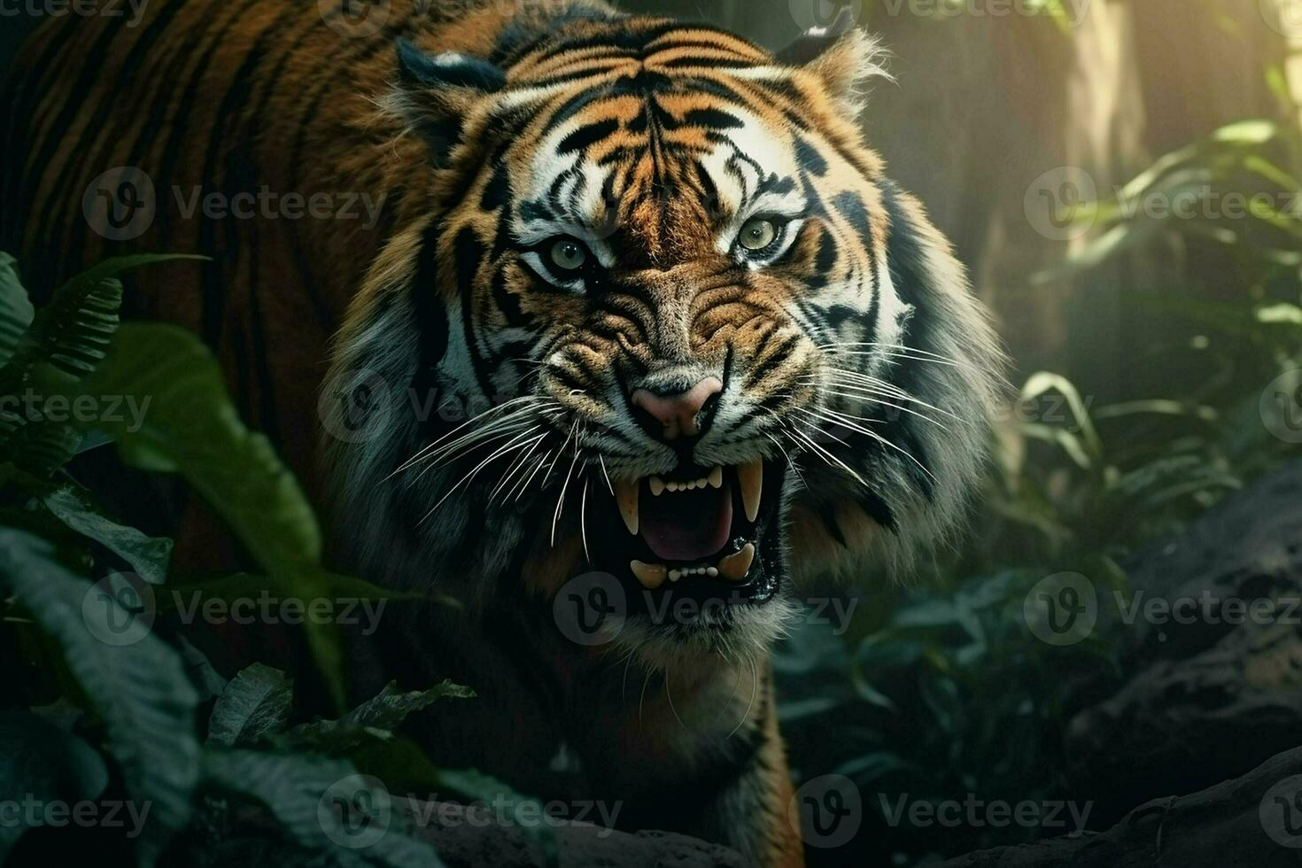 stänga upp av en tiger i de djungel, panthera tigris altaica. ai genererad proffs Foto