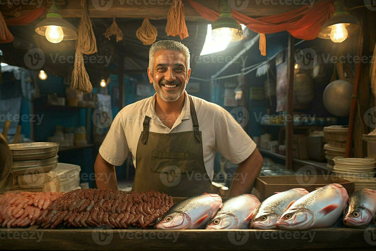 porträtt av en leende medelålders man försäljning färsk fisk i en fisk affär. ai genererad foto