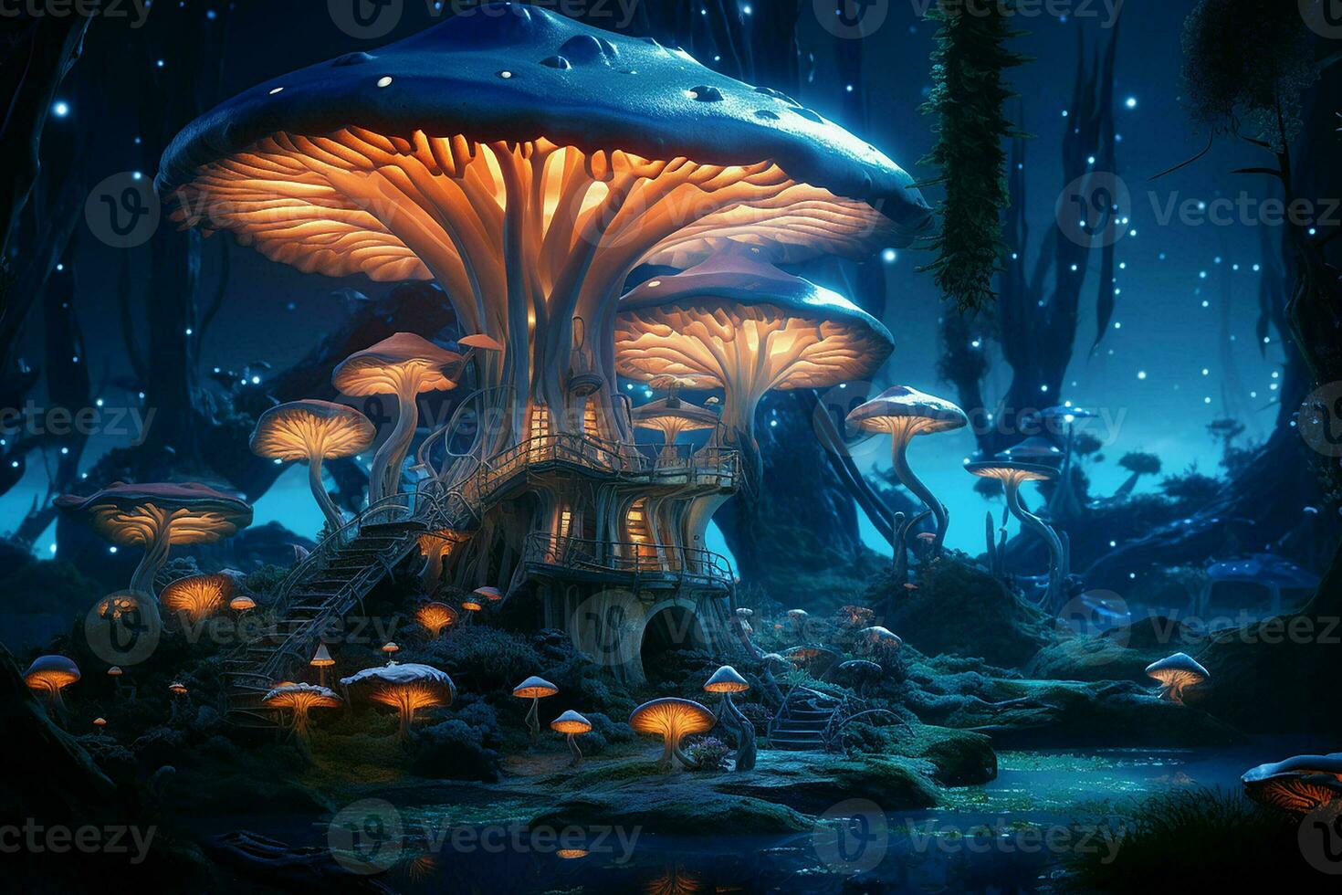 fantasi landskap med magi slott och svamp. 3d illustration. ai genererad proffs Foto