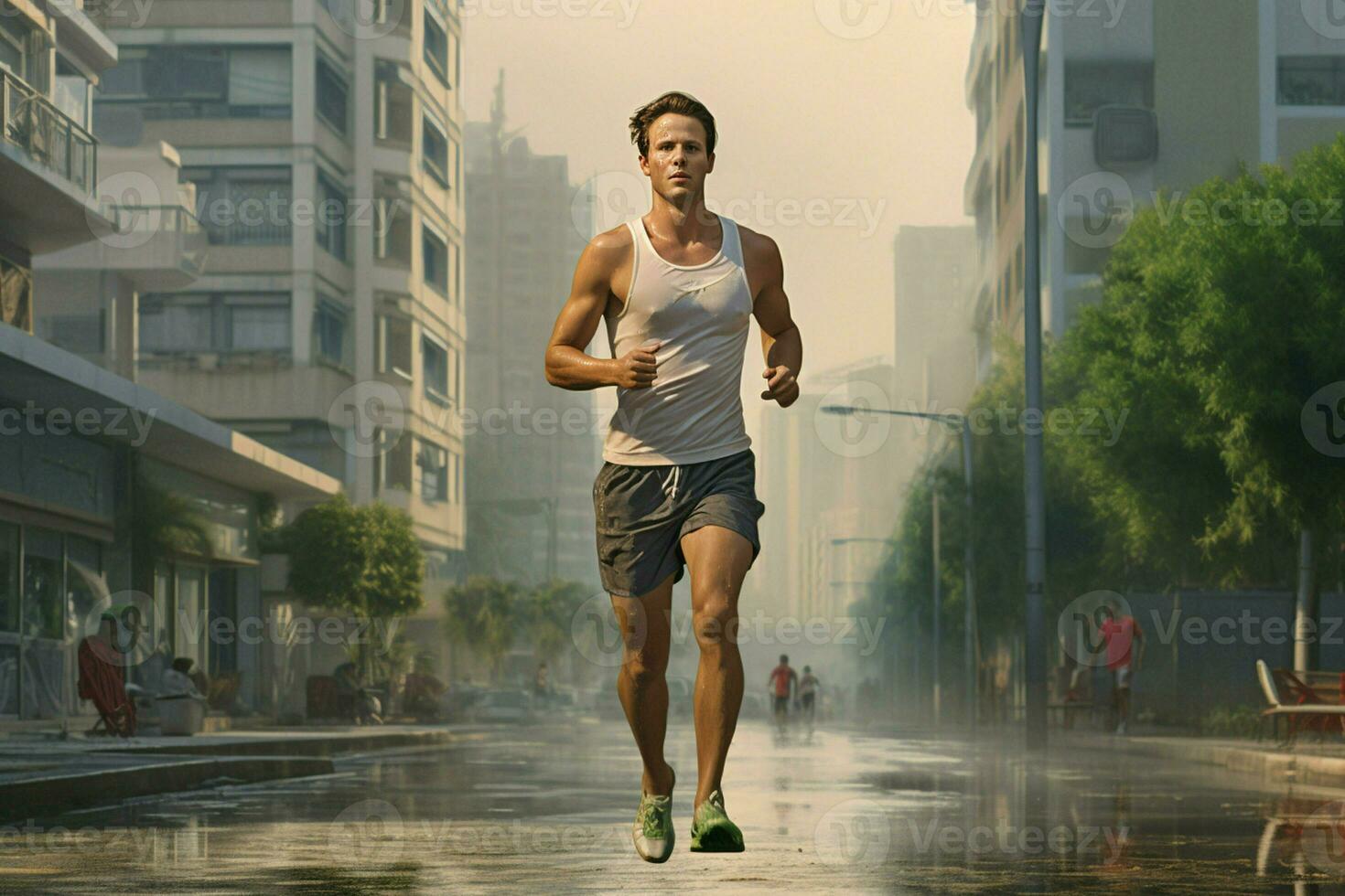 löpning man joggning på stad gata på soluppgång. sport kondition modell caucasian etnicitet Träning utomhus. ai genererad proffs Foto