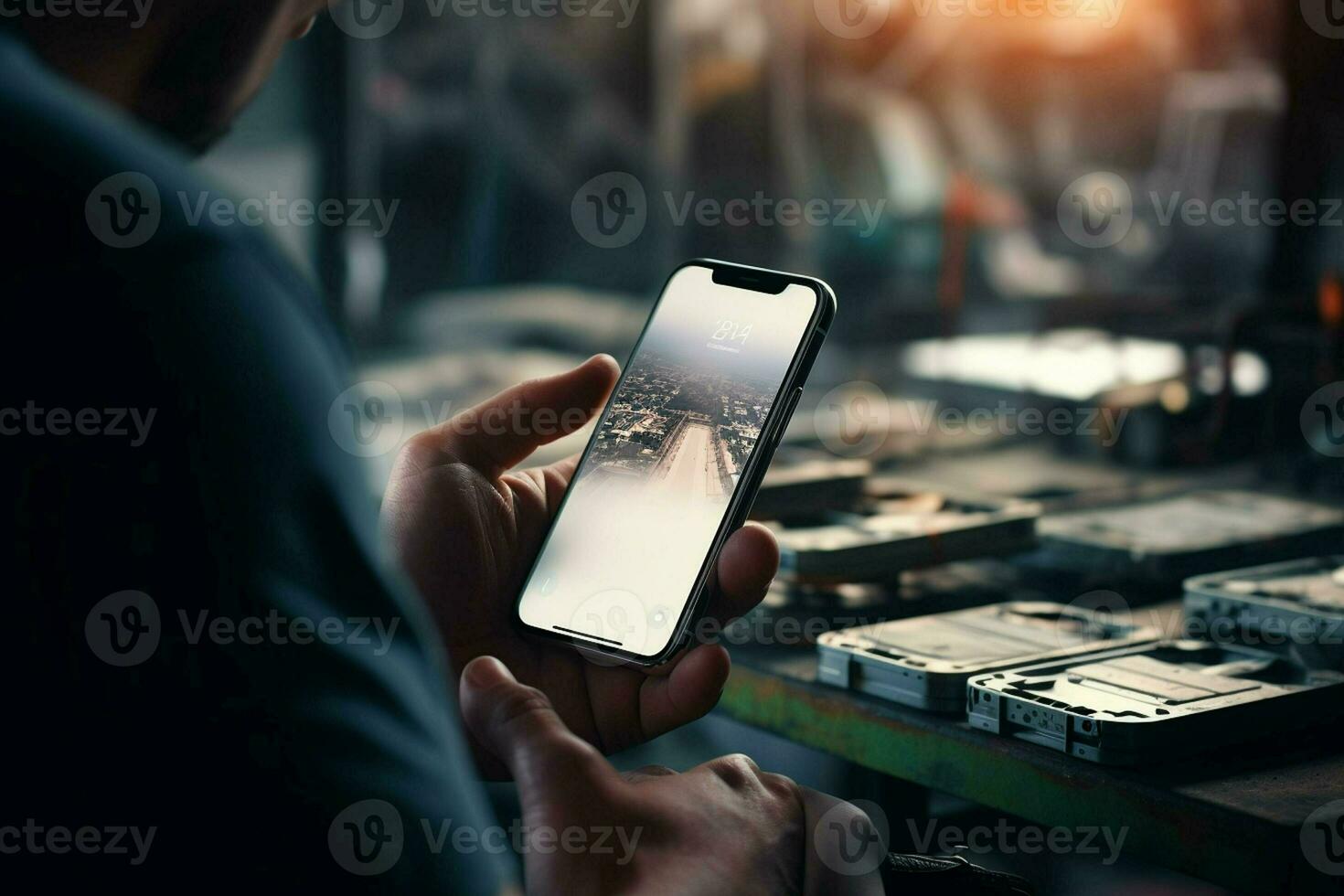 tekniker arbetssätt med mobil telefon på natt i de fabrik. teknologi begrepp. ai genererad proffs Foto