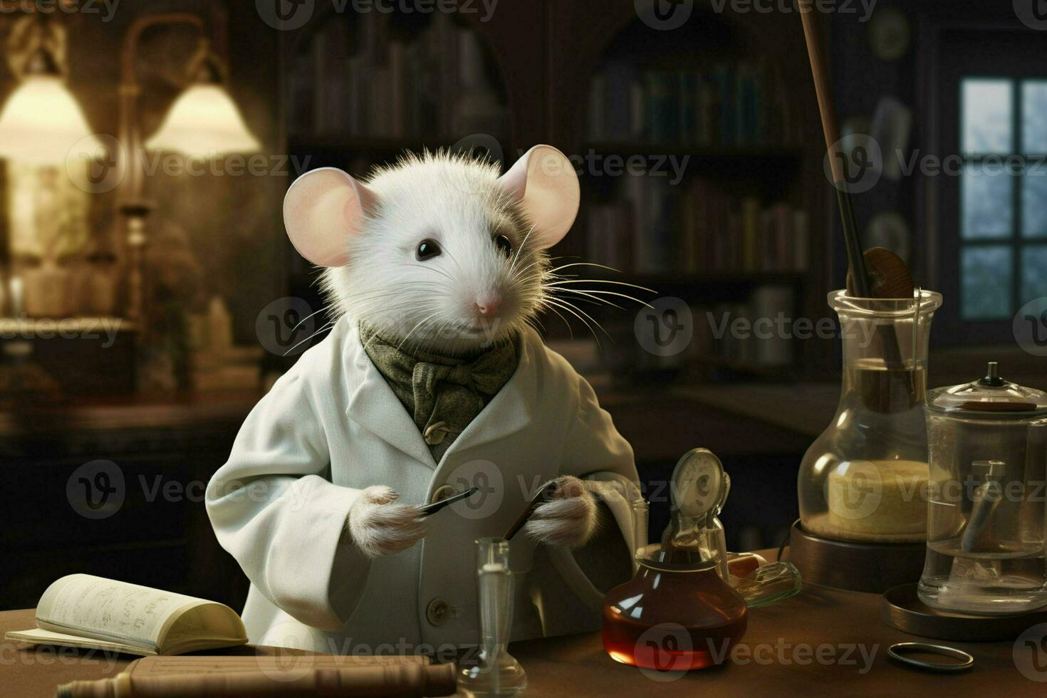 söt vit råtta i en labb täcka på en mörk bakgrund. ai genererad proffs Foto