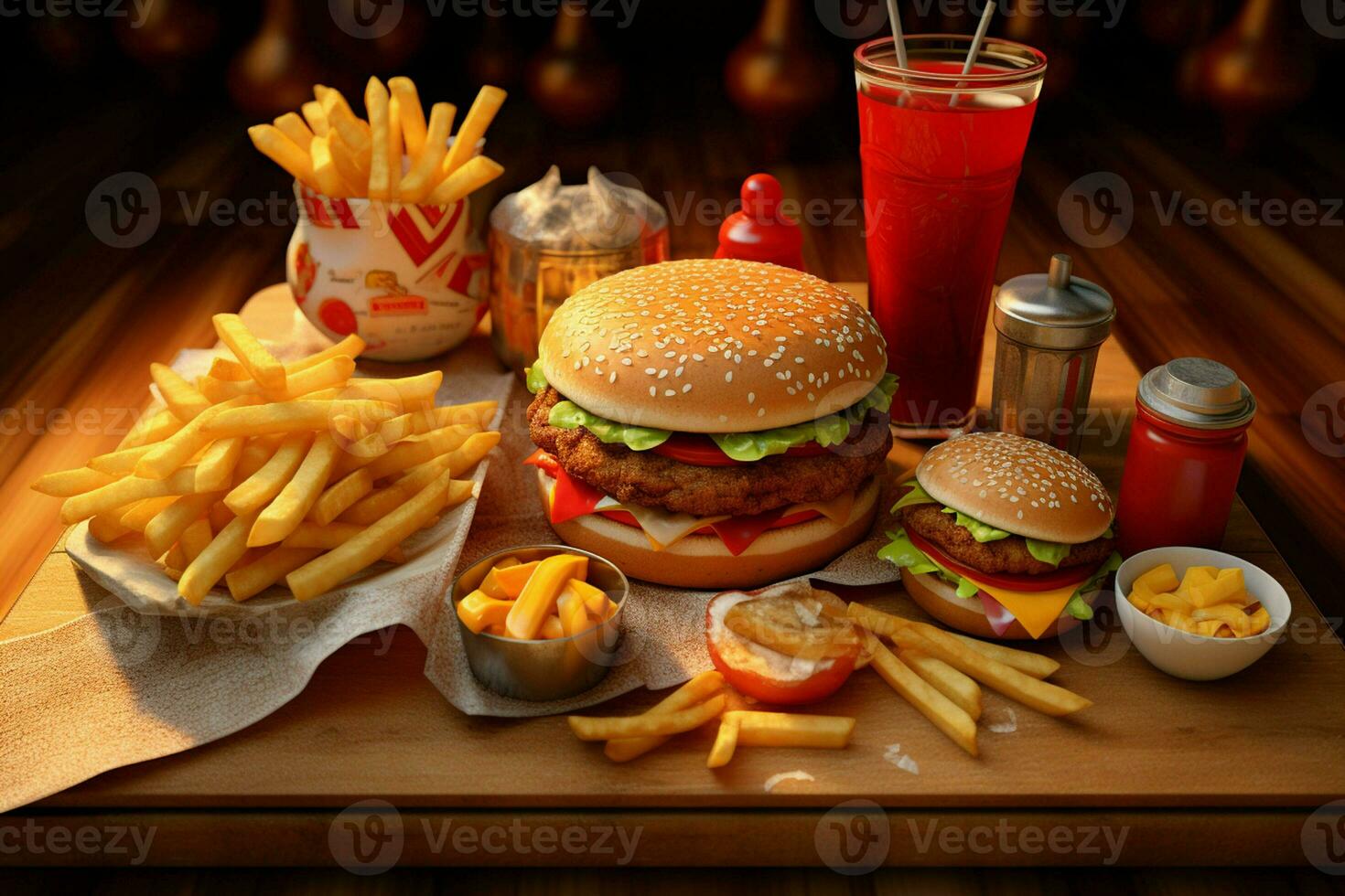 snabb mat restaurang meny. hamburgare, franska pommes frites, kålsallad, kyckling nuggets och sallader på trä- tabell. ai genererad proffs Foto