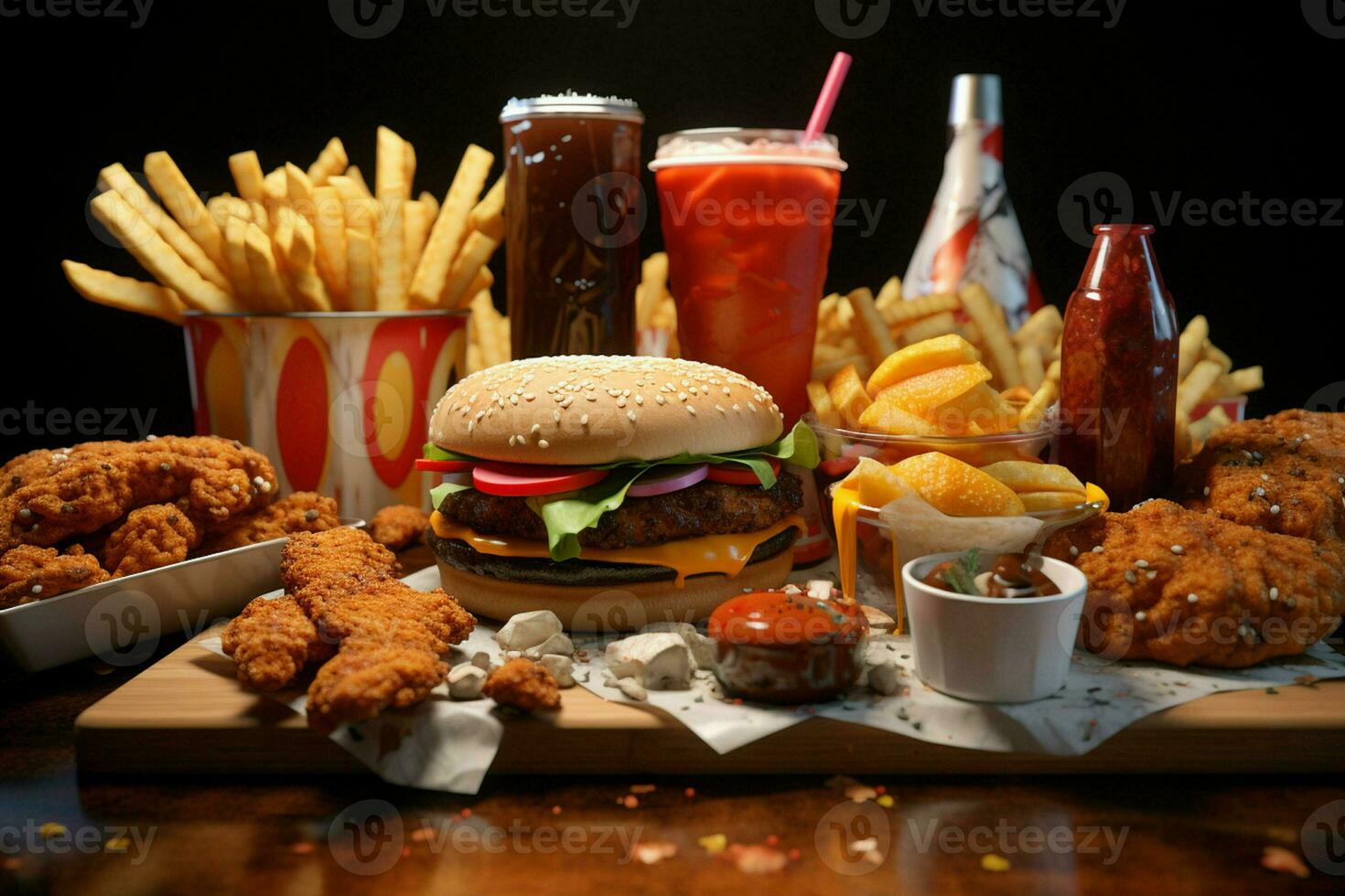 snabb mat restaurang meny. hamburgare, franska pommes frites, kålsallad, kyckling nuggets och sallader på trä- tabell. ai genererad proffs Foto