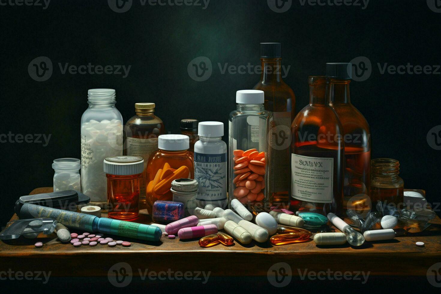 farmaceutisk medicin piller och kapslar på trä- tabell i mörk rum. ai genererad proffs Foto
