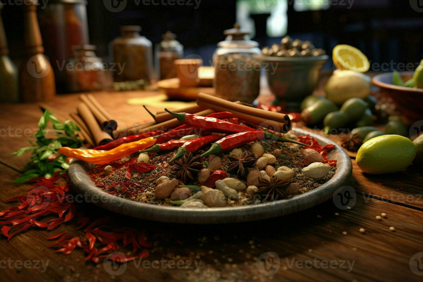kryddor och örter på de tabell i sammansättning med kök Tillbehör. ai genererad proffs Foto