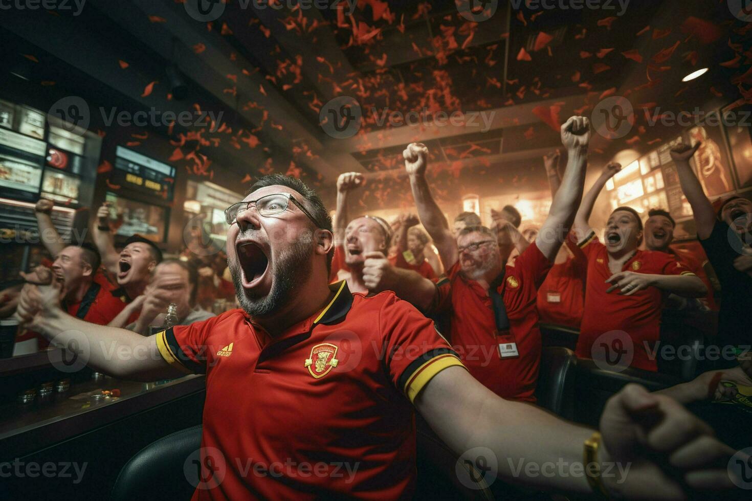 upphetsad belgien fotboll fläktar glädjande för deras team under en spel på stadion. ai genererad proffs Foto