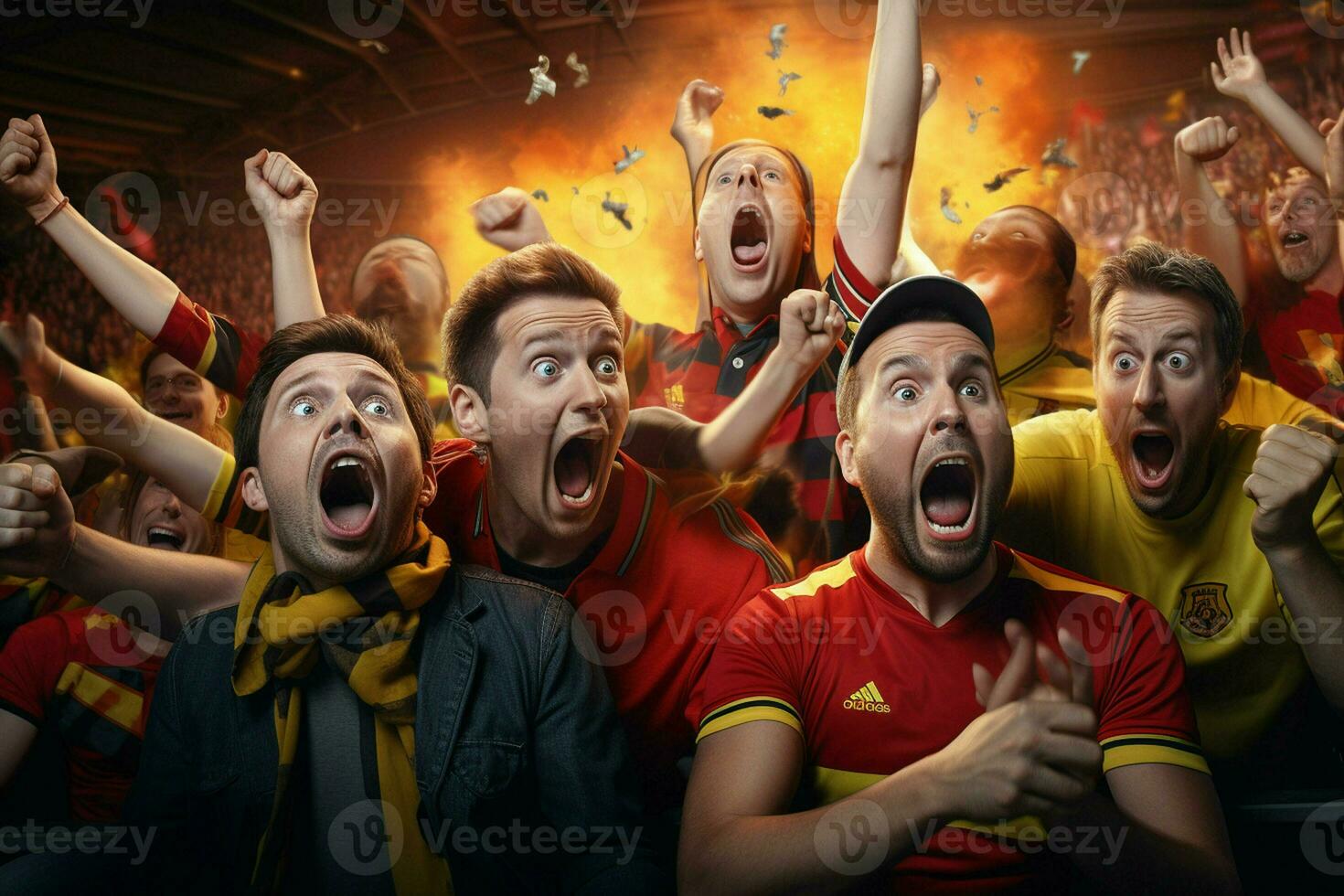 upphetsad belgien fotboll fläktar glädjande för deras team under en spel på stadion. ai genererad proffs Foto