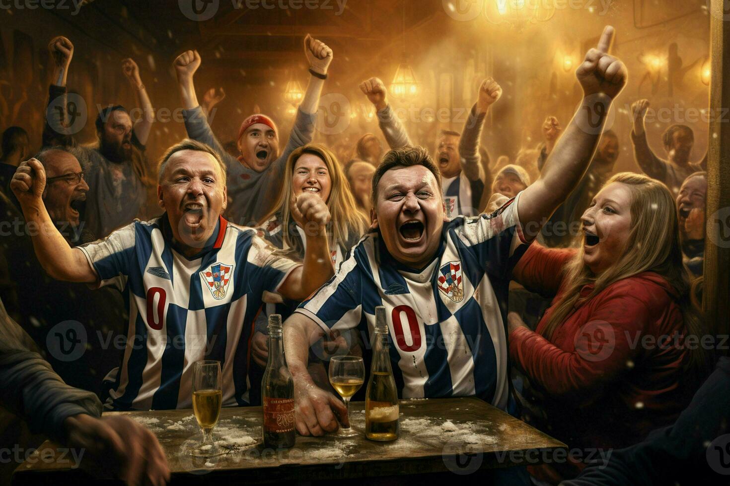 upphetsad kroatien fotboll fläktar glädjande för deras team under en spel på stadion. ai genererad proffs Foto